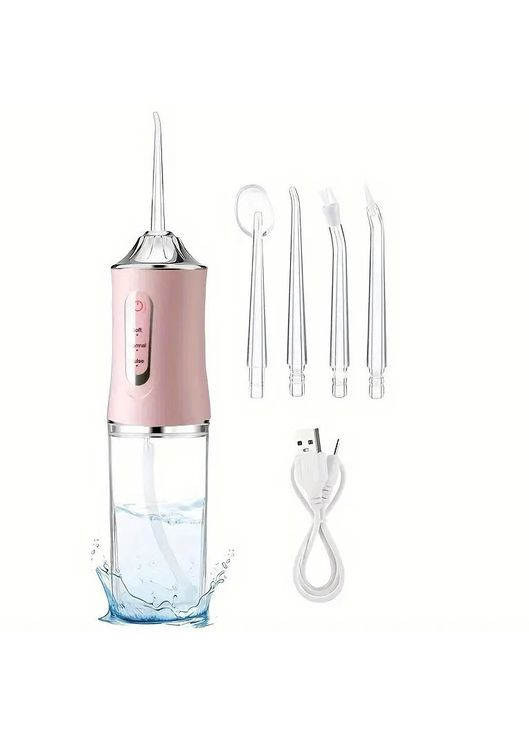 Іригатор для чищення зубів та порожнини рота Oral Irrigator з акумулятором та змінними насадками. Колір: рожевий Portable (351485775)