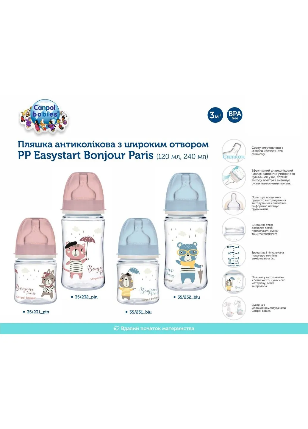 Пляшечка для годування Canpol Babies Bonjour Paris з широким отвором 120 мл Синя (268141640)