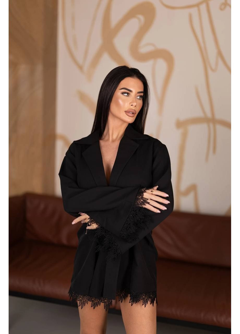 Черное праздничный элегантное платье-пиджак с итальянским кружевом — замеры в описании силуэтная GD/GL Модний простір однотонное