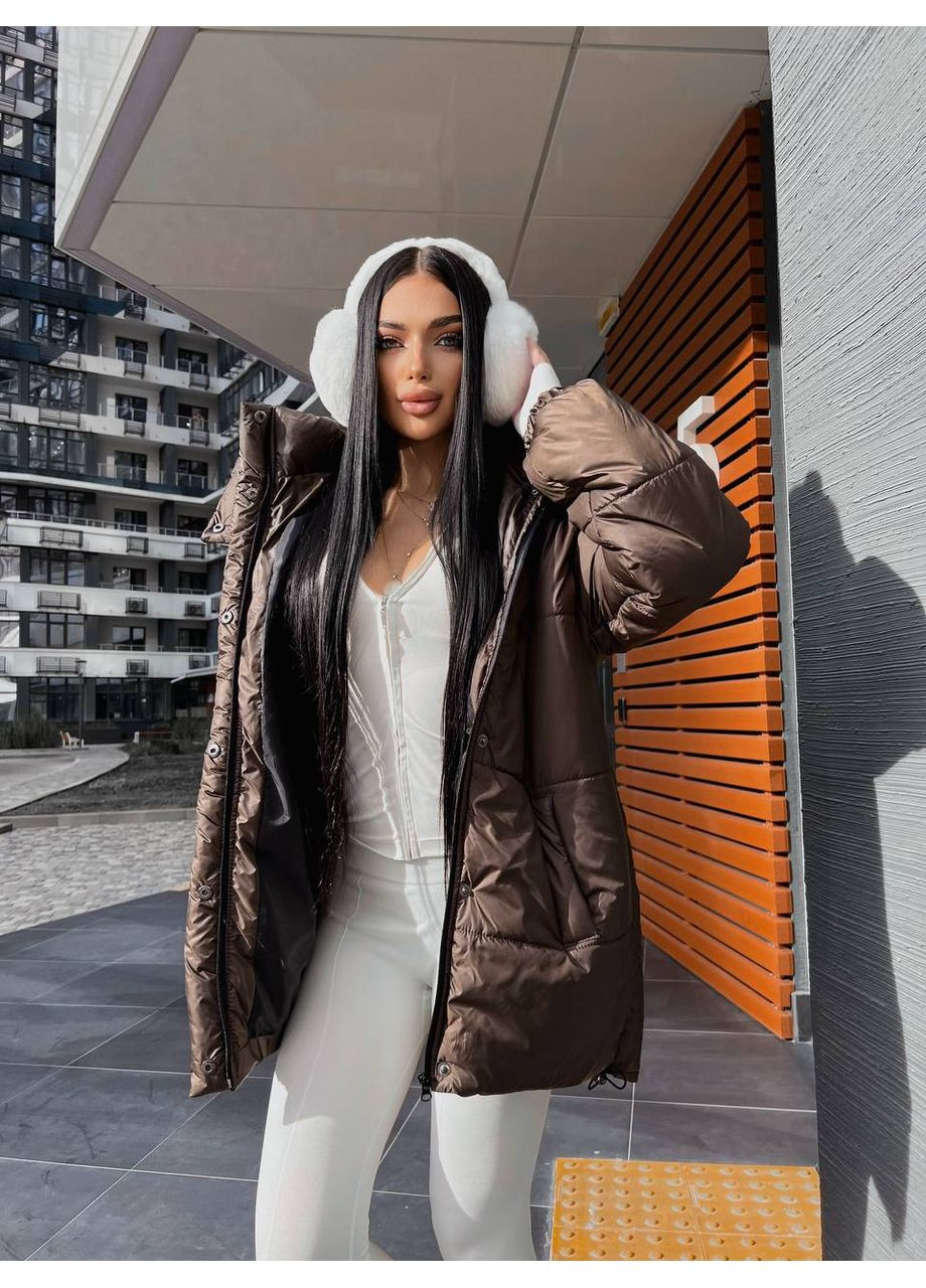 Коричневая зимняя женский зимний пуфер с куличом и внутренними лямками — замеры в описании куртка-пальто DK/DL Мода без кордонів