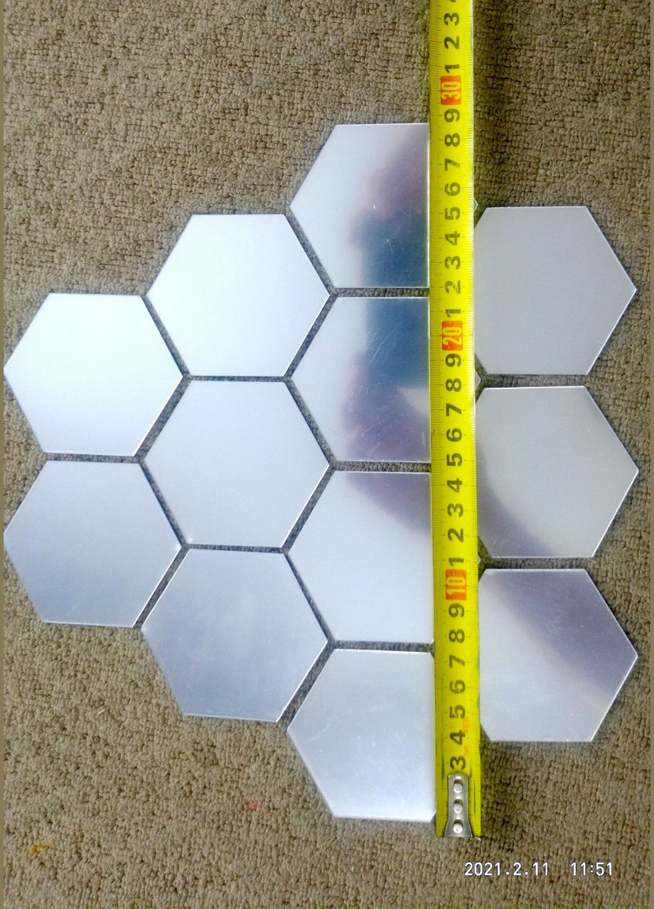 Дзеркальні наклейки шестикутні пластикові Срібні 6,8 х 7,8 х 4 см 12 шт набір Б239 No Brand (302242418)