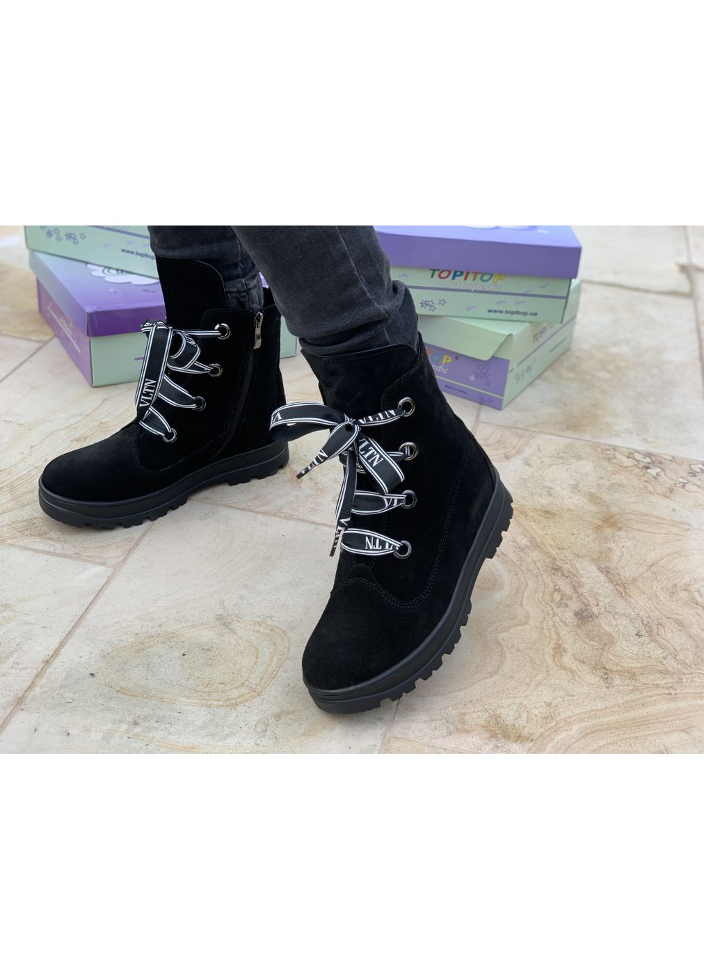 Черные ботинки зимние 1910 для девочек чёрные, замш. размер 31 Maxus