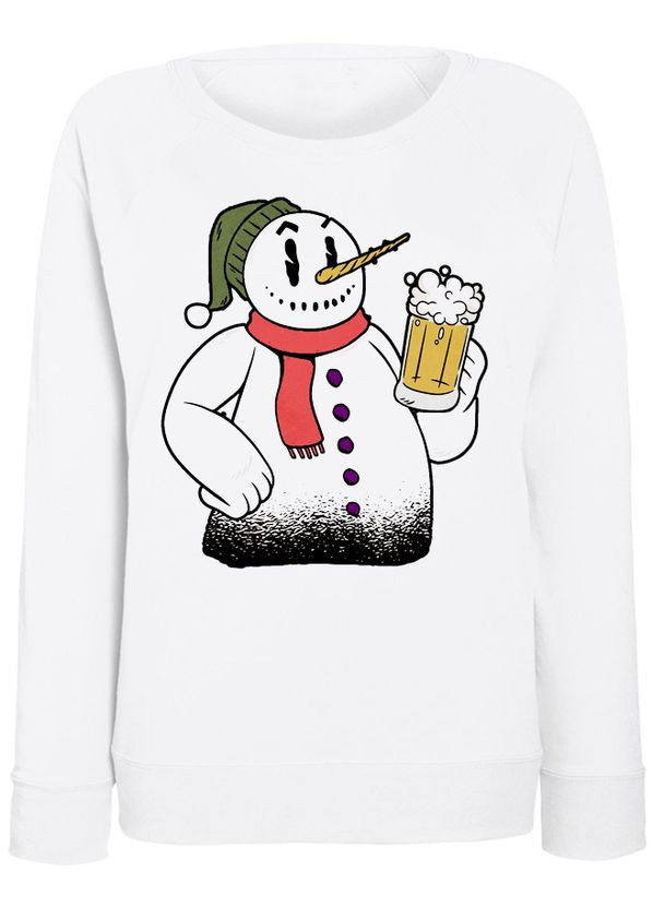 Женский новогодний свитшот Snowman Drinking Beer (белый) Fat Cat - крой белый - (283034238)