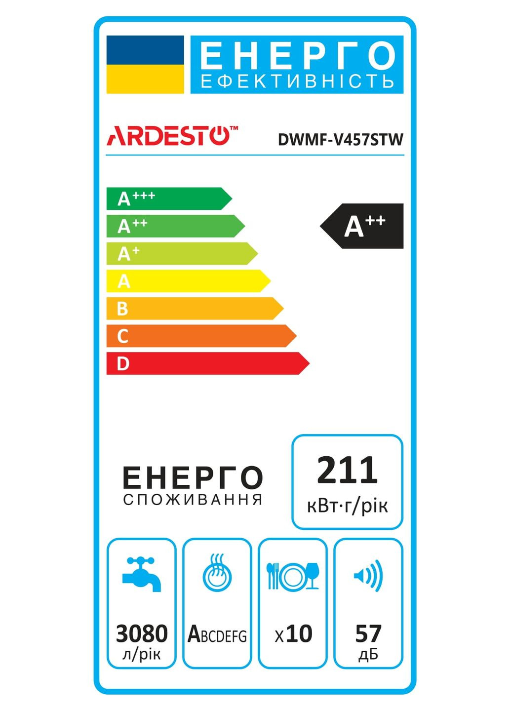Посудомийна машина, 10компл., А++, 45см, дисплей, обробка парою, білий Ardesto (314834121)