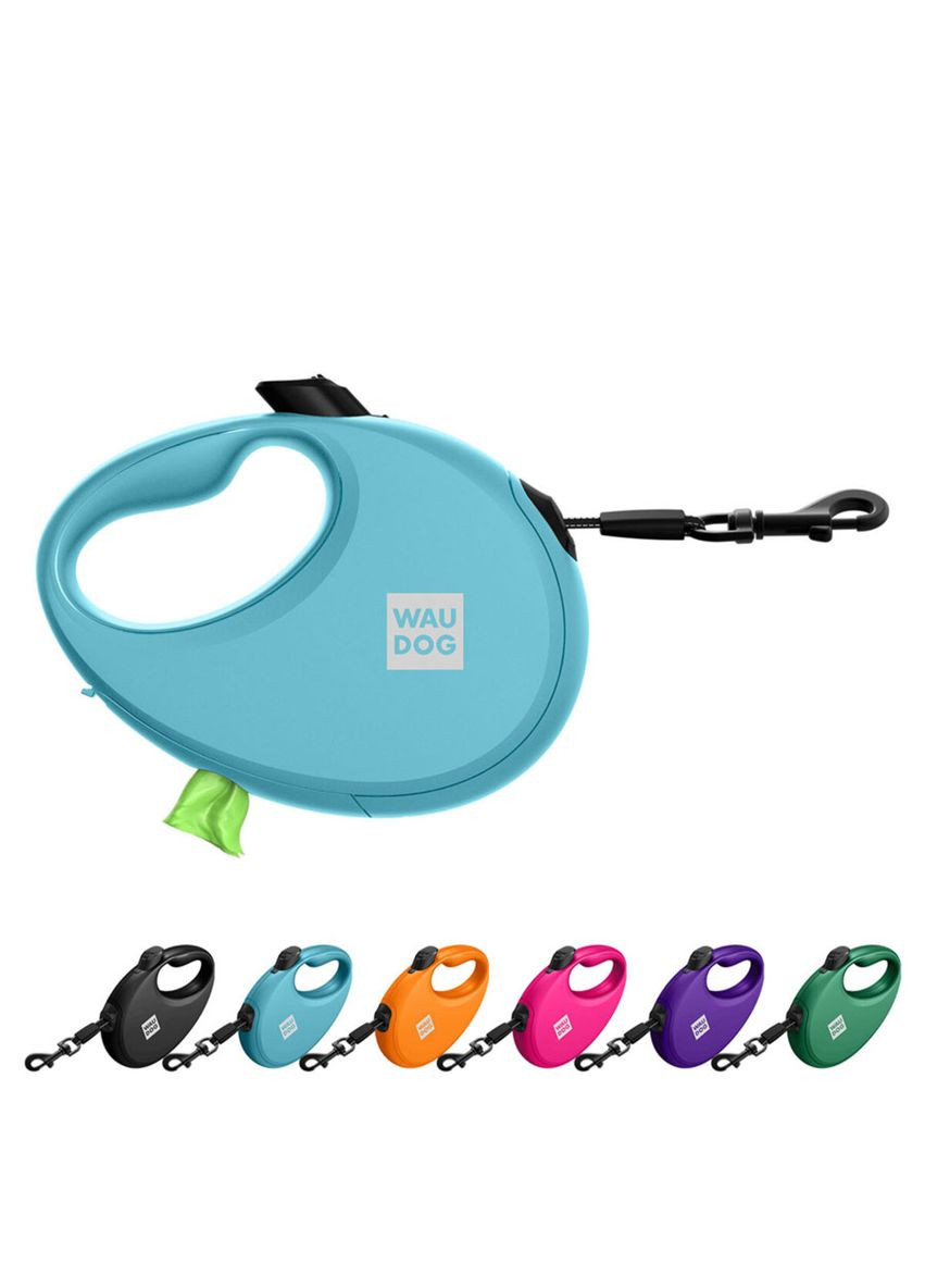 Повідець-рулетка для собак R-leash з контейнером для пакетів, світловідбивна стрічка, L, до 40 кг, 5 м, блакитний WAUDOG (322642988)