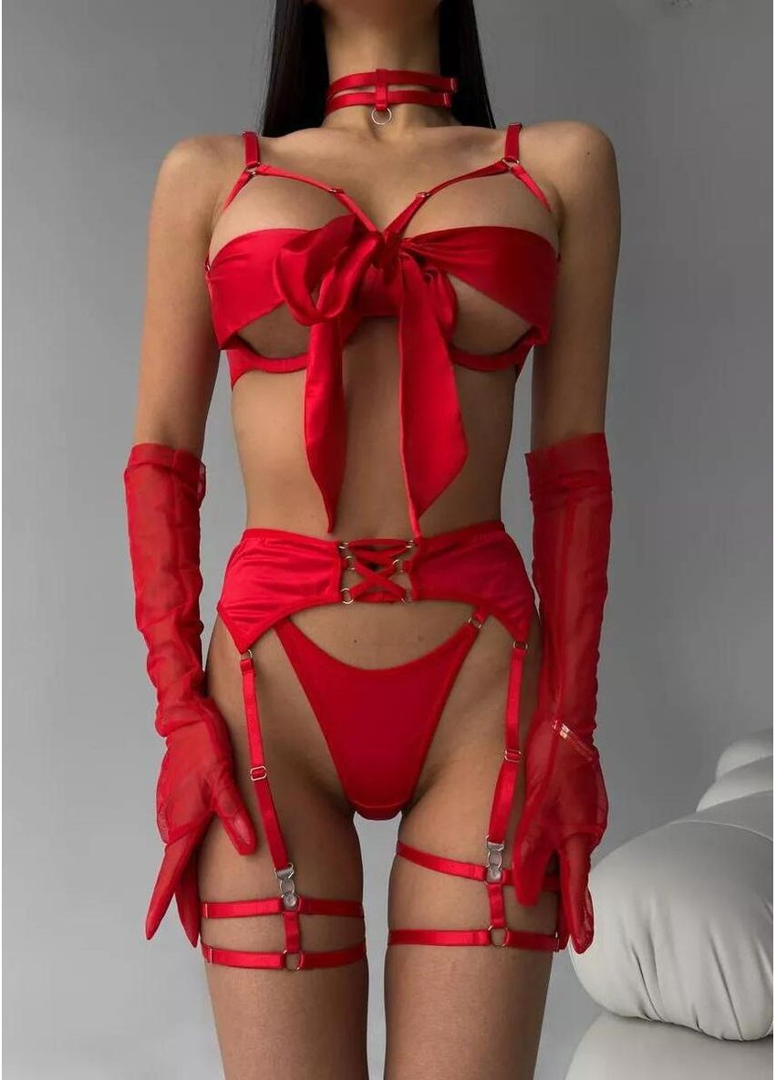 Красный демисезонный соблазнительный комплект белья с бантиком на груди контурный набор из 6 элементов женское белье с завязками аксессуары в наборе Cindylove