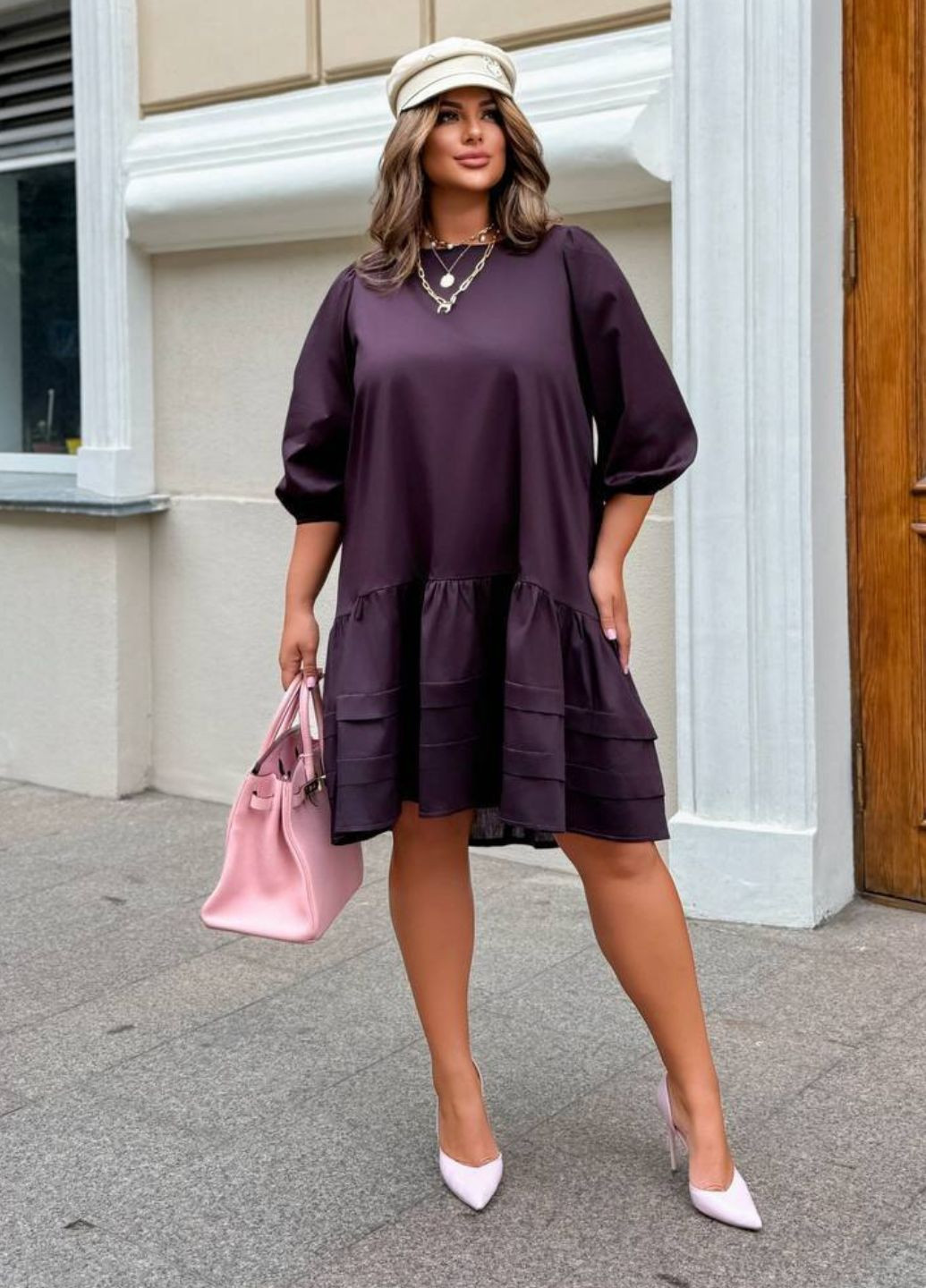 Коричневое повседневный изысканное свободное платье меди с рукавами фонарик три четверти и поясом в комплекте Allthings однотонное