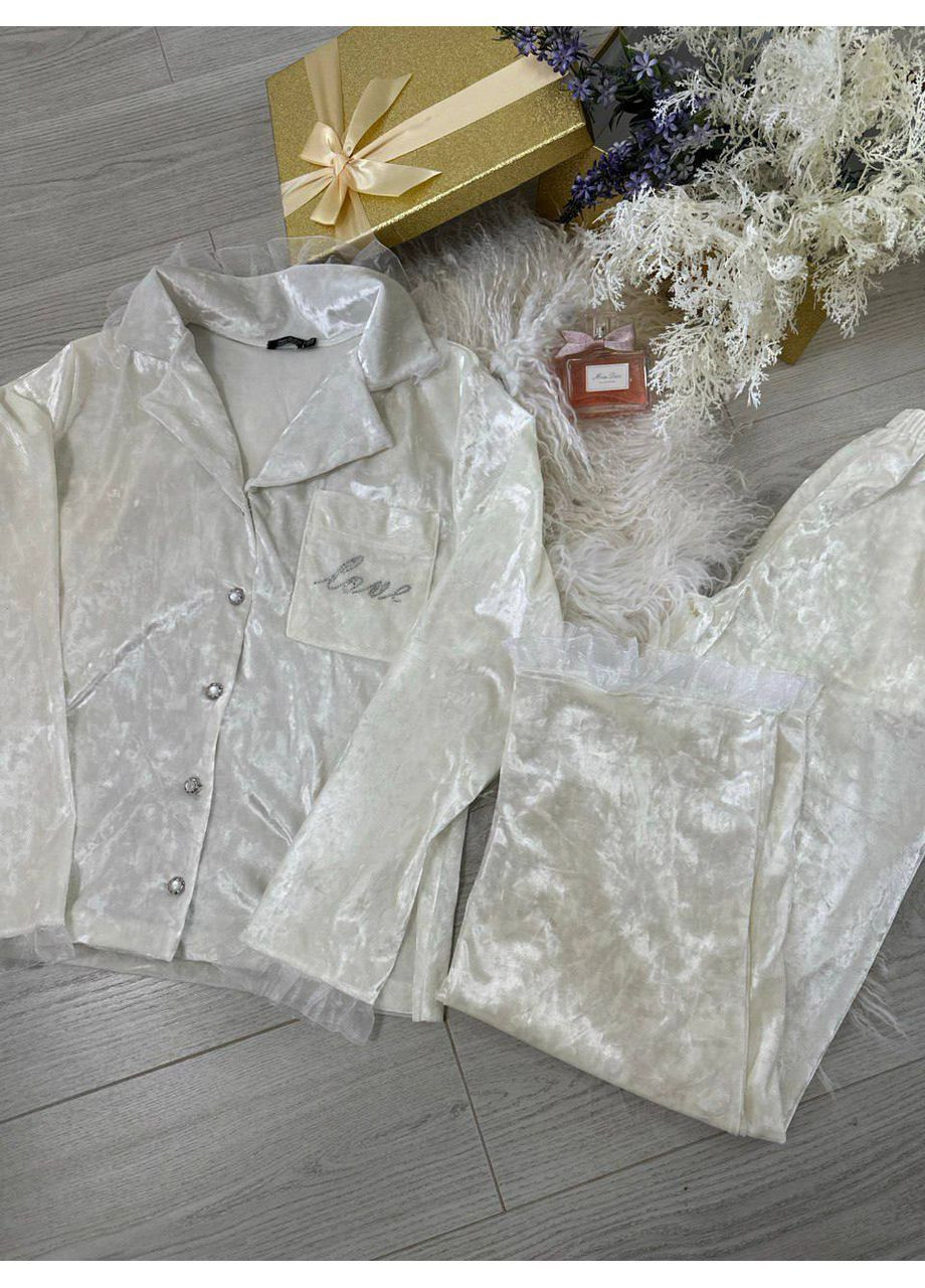 Молочная всесезон женская велюровая пижама рубашка + брюки Asi.Store.ua