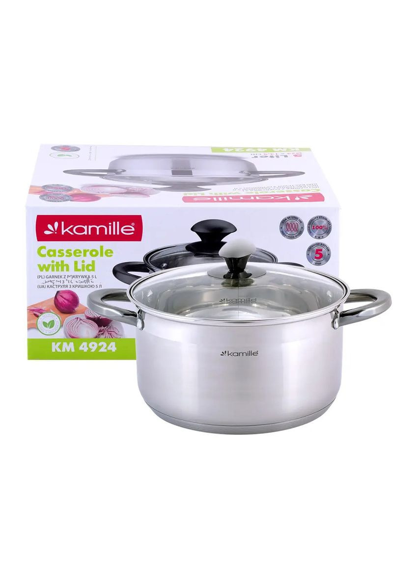 Кастрюля с крышкой из нержавеющей стали 5 л с полыми ручками KM-4924 Kamille (350940922)