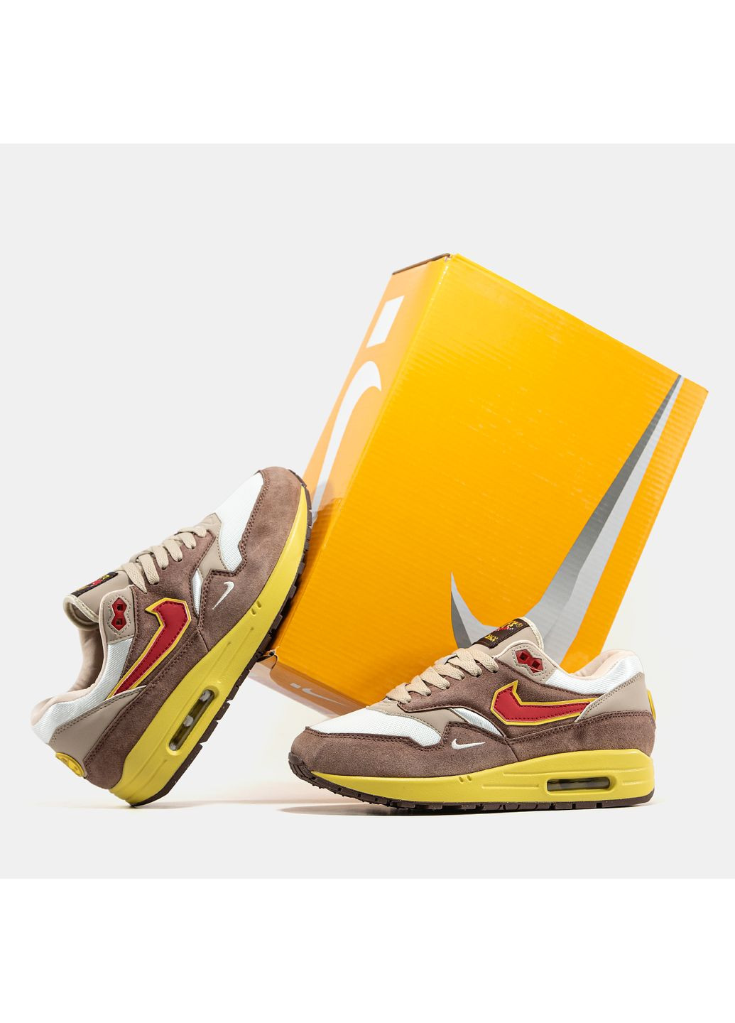 Коричневые демисезонные кроссовки мужские nike air max 1 .swoosh low poly big head | найк эир макс 1 коричневые No Brand