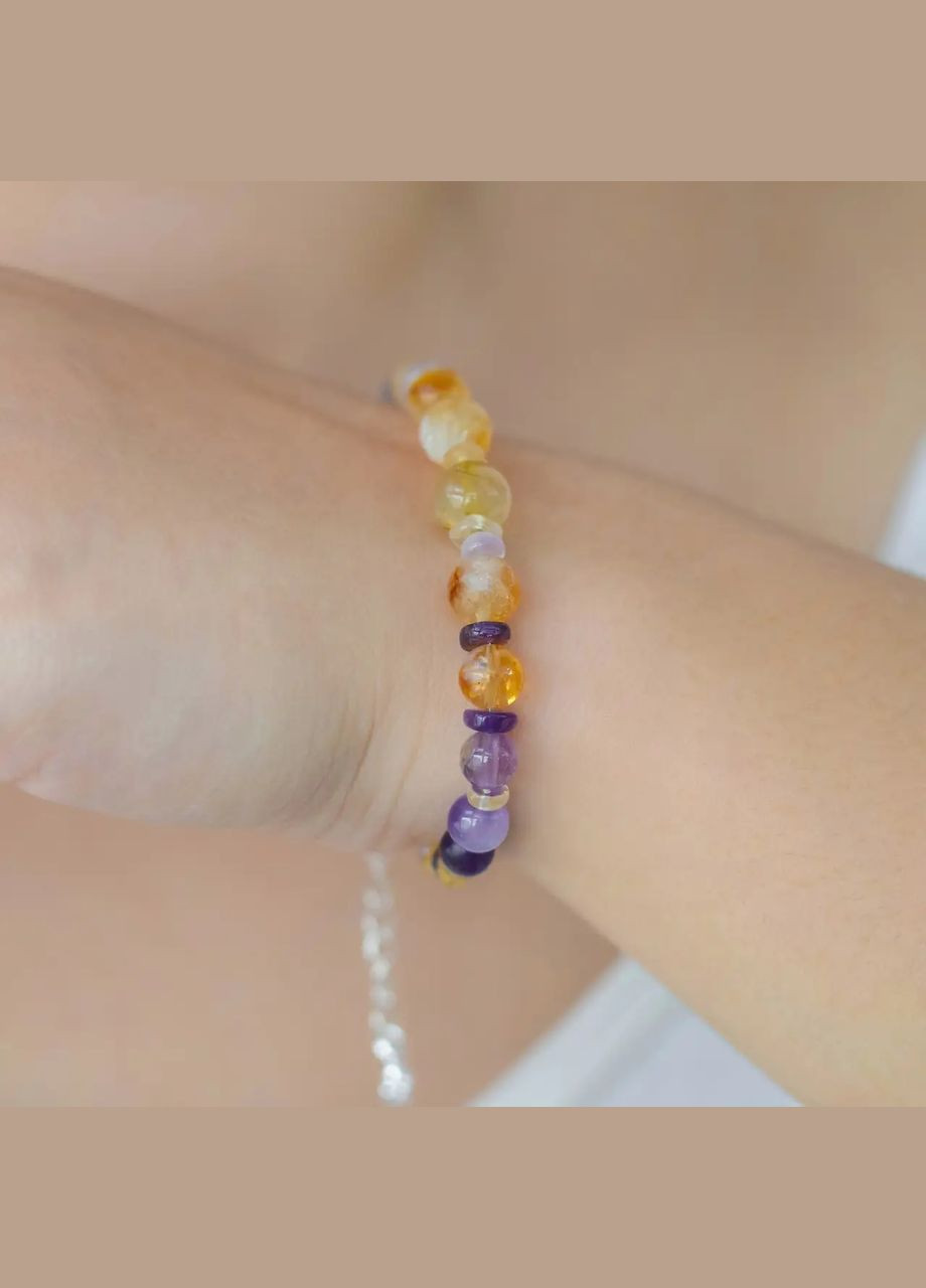 Браслет натуральный Цитрин, Аметист, Кварц и Циркон, фур-ра гип-ный сплав цвет серебро d-8-2мм+- L-18-23см No Brand браслет (303359753)