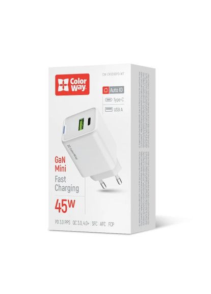 Мережевий зарядний пристрій, White, 45 Вт, GaN, 1xType-C (45 Вт, PD3.0) / 1xUSB (18 Вт, QC4.0), Auto ID (CW-CHS060PD-WT) Colorway (370621164)