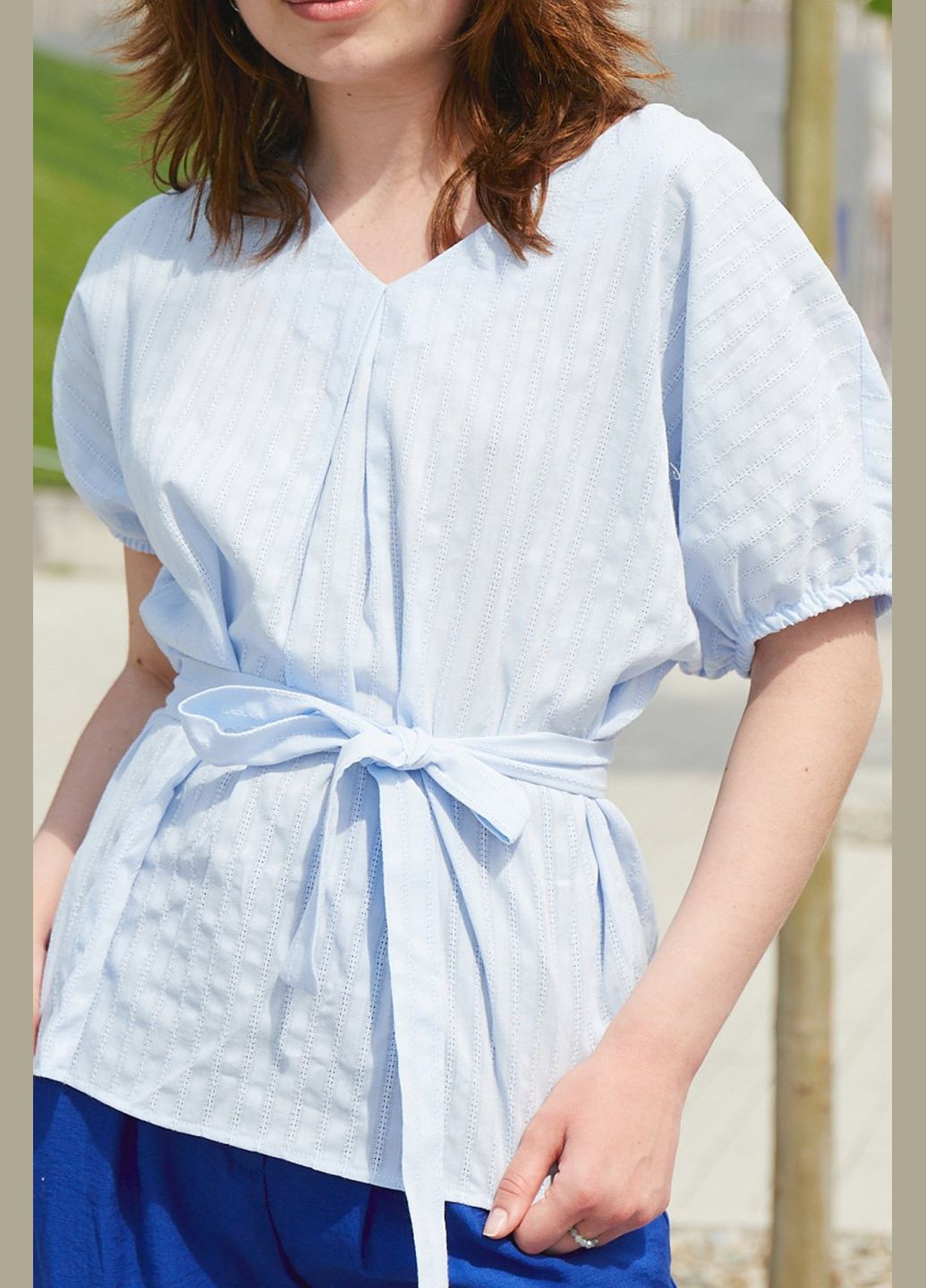 Голубая женская блузка с поясом (ll214810069) LadyLike