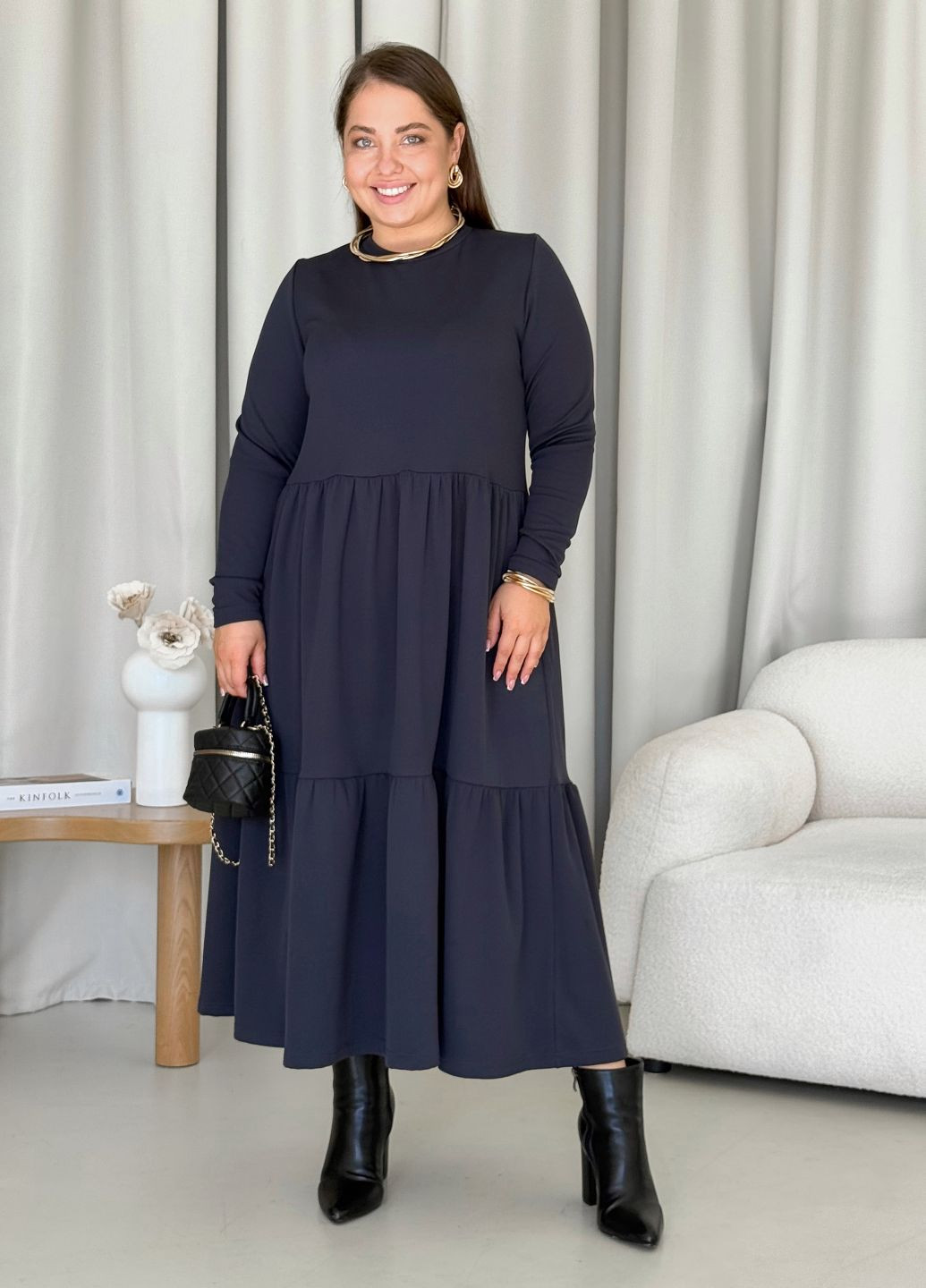 Серое повседневный теплое зимнее утепленное свободное платье трапеция рубчик на флисе (солоха в подарок) платье-свитшот, платье-водолазка, платье-свитер, силуэтная Merlini однотонное