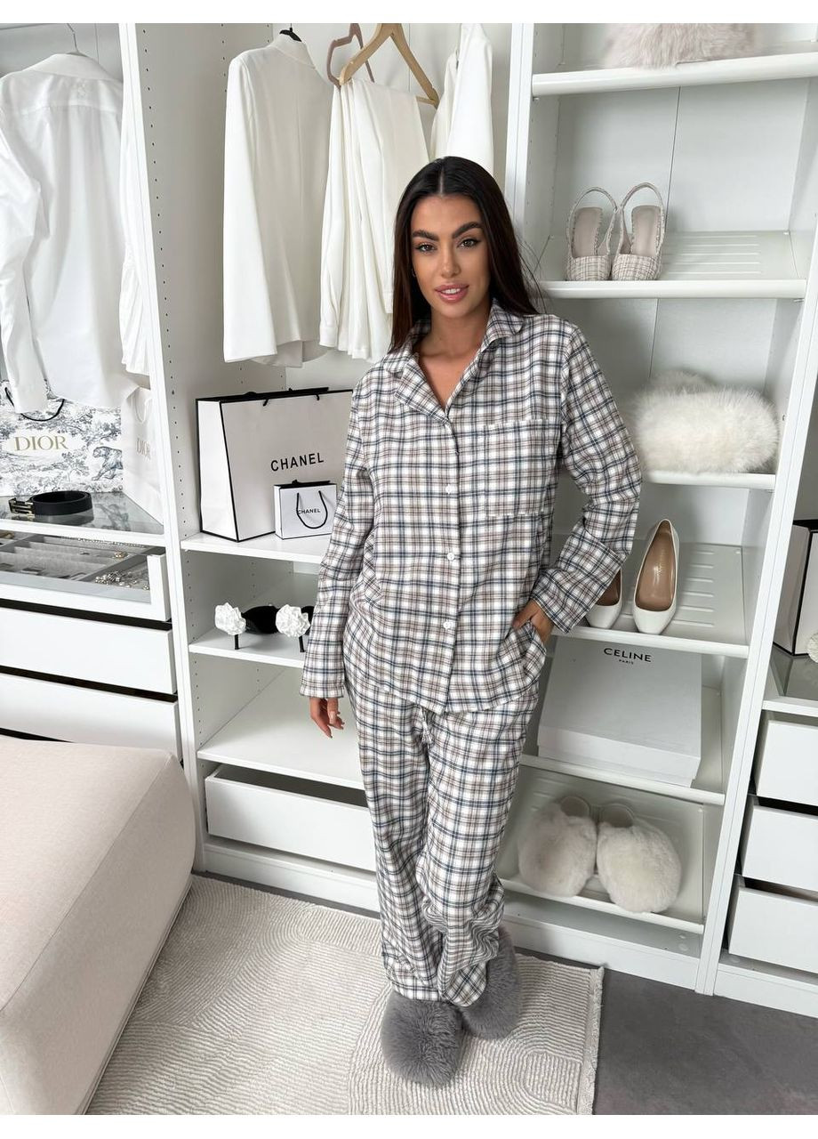 Жіночий домашній костюм в клiтину з фланелi сiрого кольору 35923 No Brand (368726740)