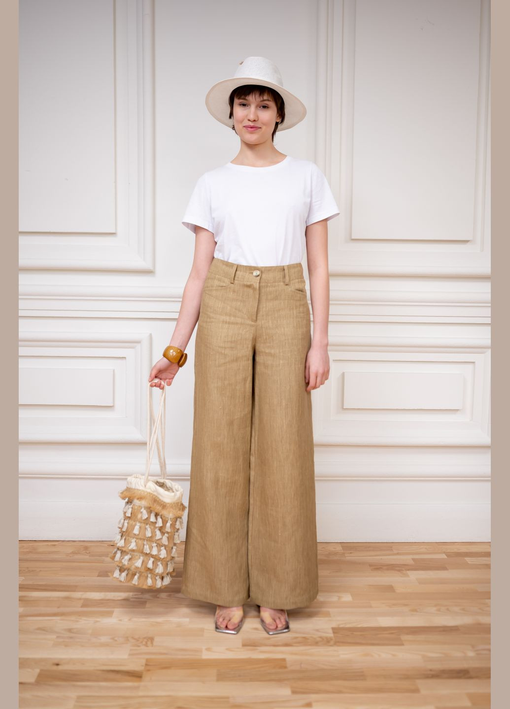 ЛЛЯНІ ТЕМНО-БЕЖЕВІ БРЮКИ ПАЛАЦЦО В РОМАНТИЧНОМУ СТИЛІ БОДРУМ Dolcedonna (340334773)