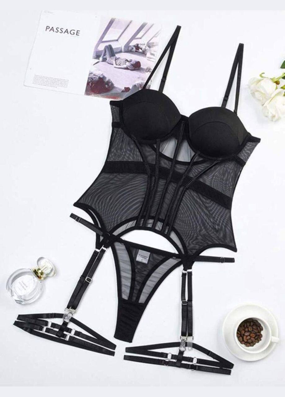 Чорний демісезонний жіночий сітчастий комплект кароліна корсет бюстьє трусики і гартери No Brand Комплект Кароліна