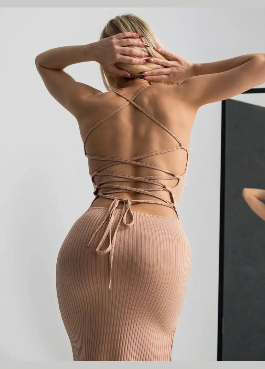 Бежевое повседневный платье женское с открытой спиной Гермес однотонное