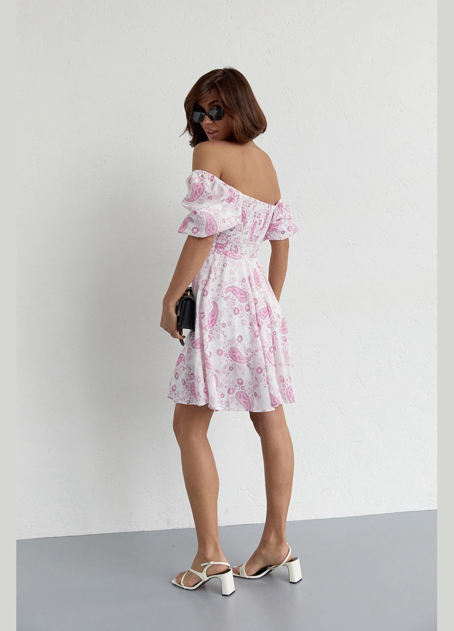 Лавандова повсякденний літня сукня міні з драпіруванням спереду 23128 Lurex з квітковим принтом