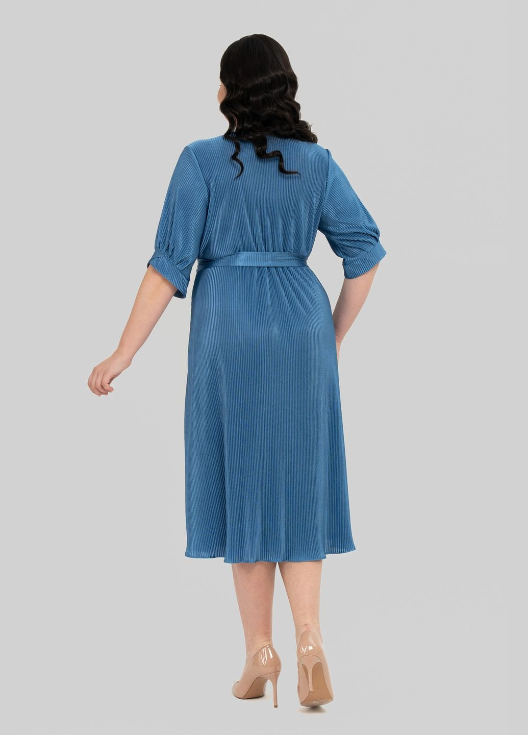 Синее платье трапецевидного силуэта из гофре трикотажа с декоративным цветком all posa (ap102433p) A'll Posa