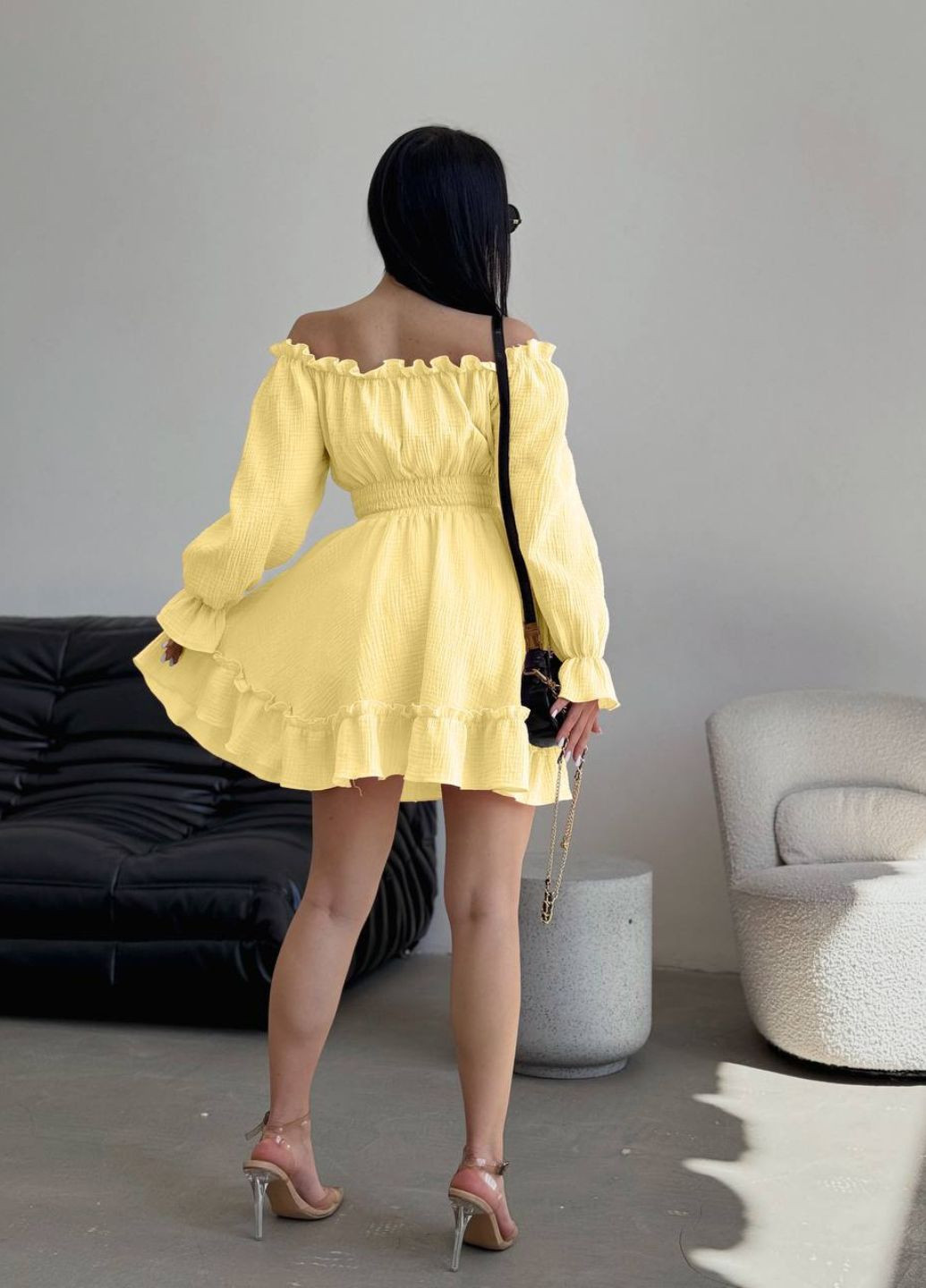 Жовтий повсякденний мінісукня з оборками та рукавами-ліхтариками кльош Україна однотонна