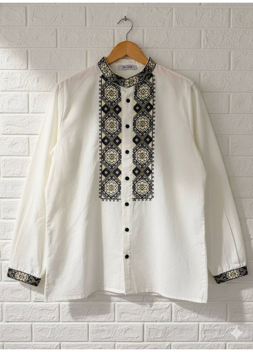 Біла чоловіча вишиванка білого кольору з чорно-золотою вишивкою ESQ (369559016)