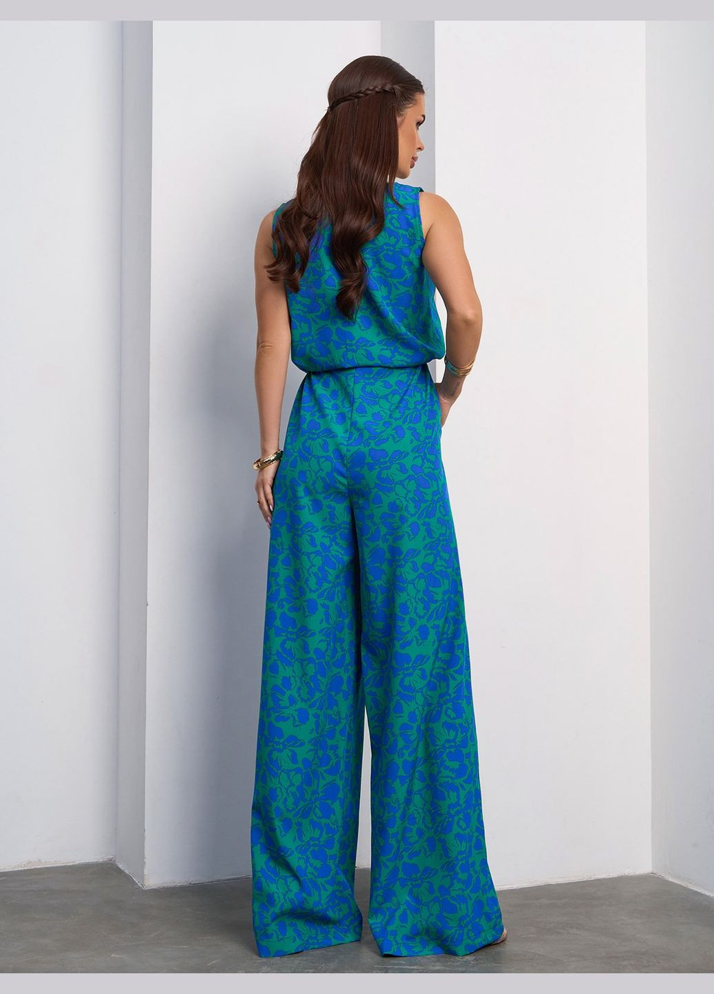 Стильний комбінезон на кулісці з квітковим принтом No Brand комбінезон-брюки квітковий зелений святковий, коктейльний, діловий, повсякденний, кежуал, вечірній