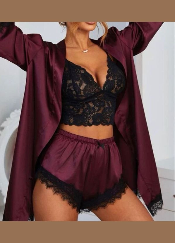 Бордовая всесезон домашний комплект (кружевной топ + шорты + халат) топ + шорты Ghazel