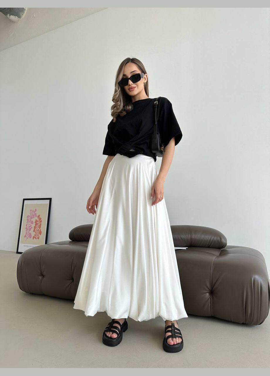 Молочная вечерний однотонная длинная шелковая юбка молочного цвета 32981 Fashion