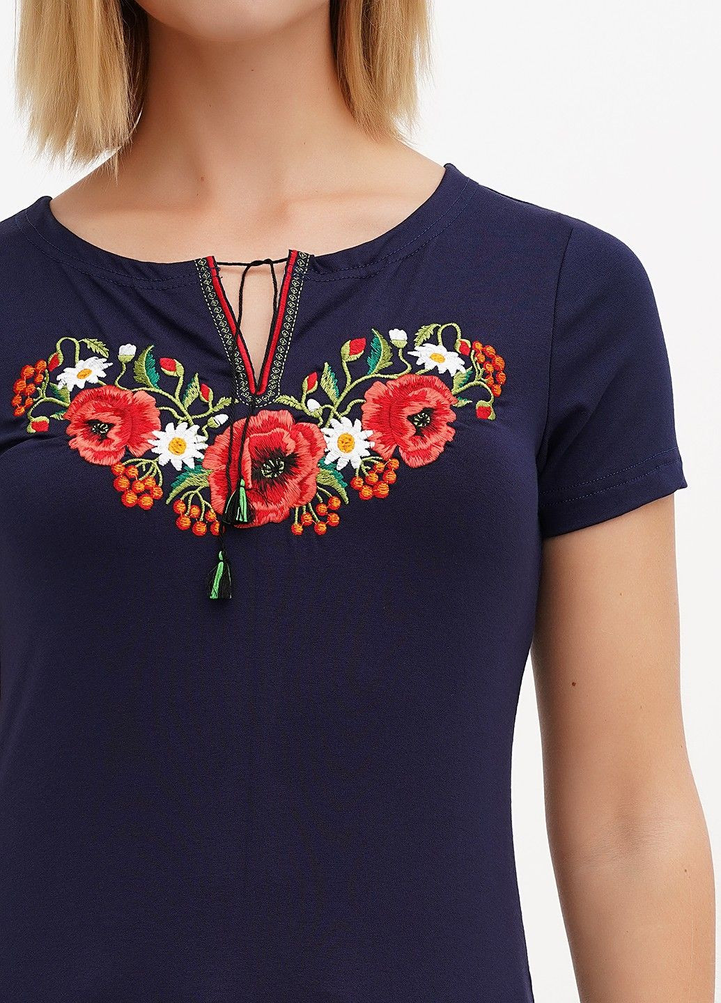 Темно-синя жіноча вишита футболка маковий цвіт, синя Lesia (335077557)