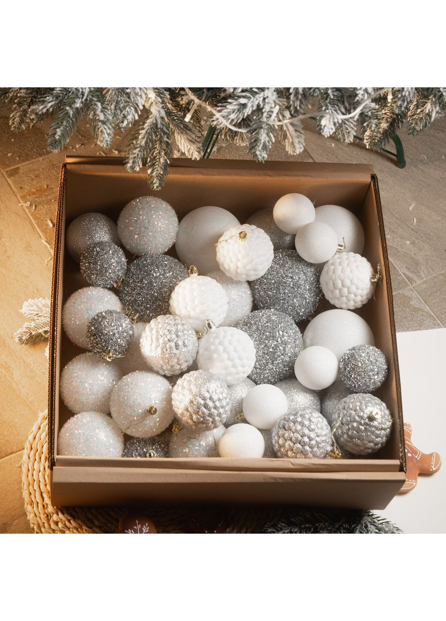 Набір ялинкових іграшок куль SGX "Блиск" 40 шт. Срібний. Подарунковий набір ялинкових кульок Кульки на ялинку новорічні Yalynkar (366964386)