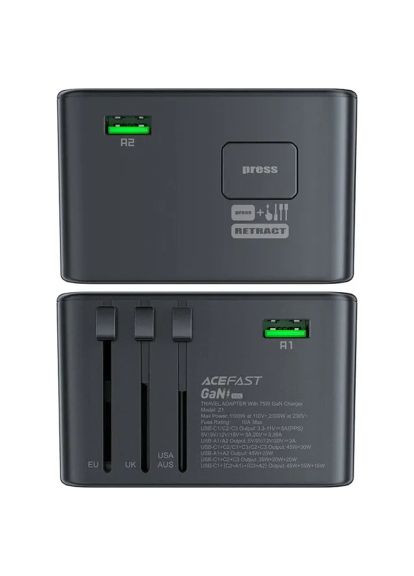 Зарядний пристрій (6974316282495) Acefast 5xUSB 75W (3xUSB-C + 2xUSB-A) Gan Z1 Fast Charger (370014657)
