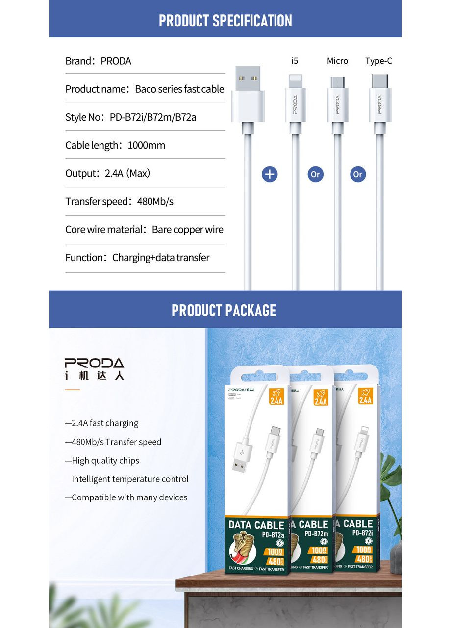 Кабель PD-B72m microUSB 2.4А с передачей данных до 480 Mb/s Proda (362915242)