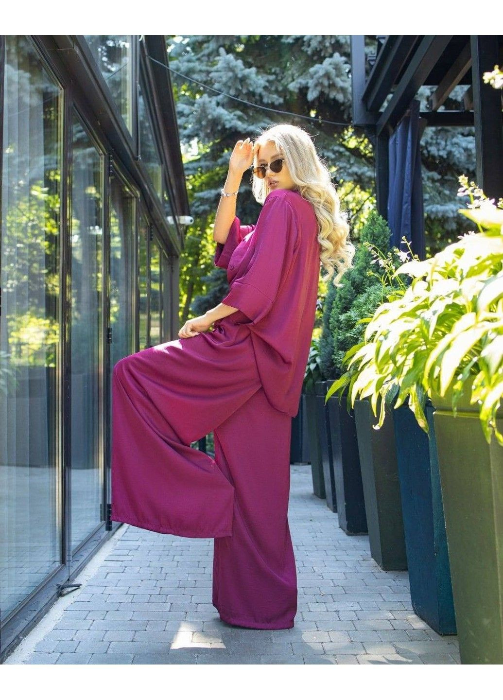 Вільний костюм з жатого шовку, мод КТС-2274-2275, бордовий, розмір 58-60 No Brand (355469522)