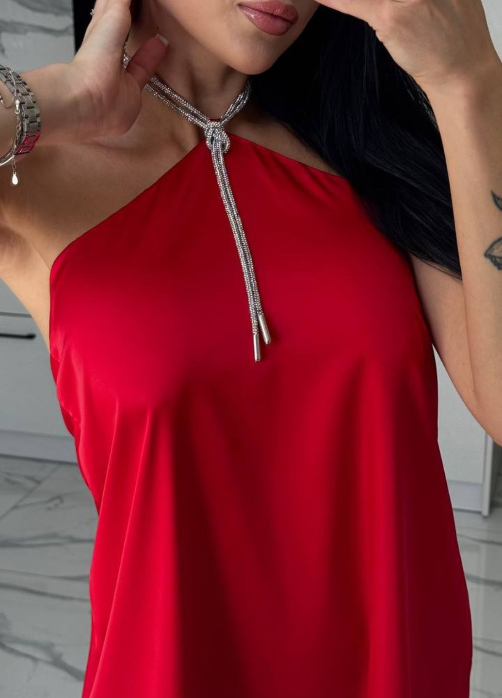 Червона вечірня вишукана легка літня вечірня міні сукня без рукавів зі шнурком зі стразів Tik-Tak однотонна