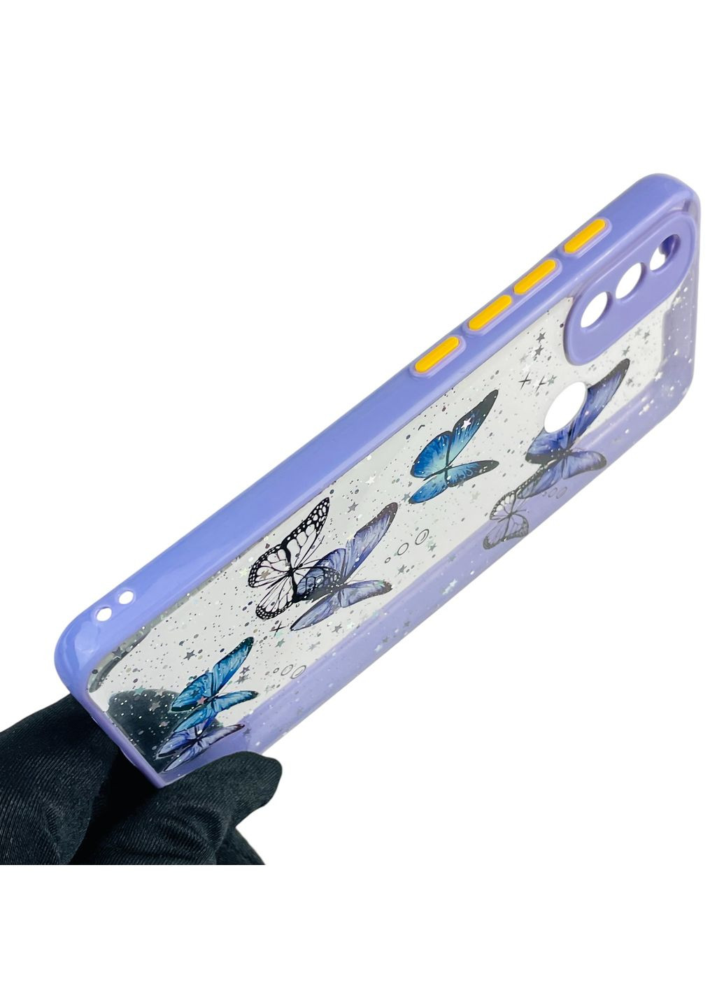 Чохол для Moto E20 з блискітками з метеликами на моторола е20 бузковий Motorola (366387532)