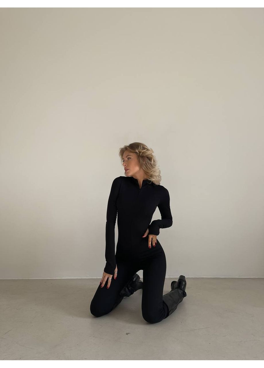 Женский теплый комбинезон в рубчик Fashion чёрный