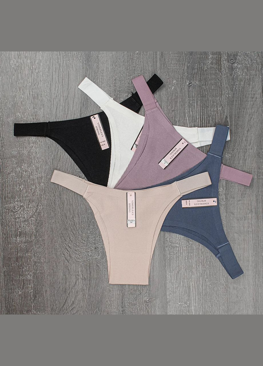 Безшовні труси-танга з натуральної бавовни в рубчик набір 5 шт No Brand Танга (316027836)