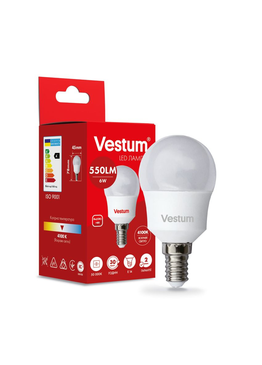 Светодиодная лампа G45 6W 4100K 220V E14 1-VS-1203 Vestum (355926890)