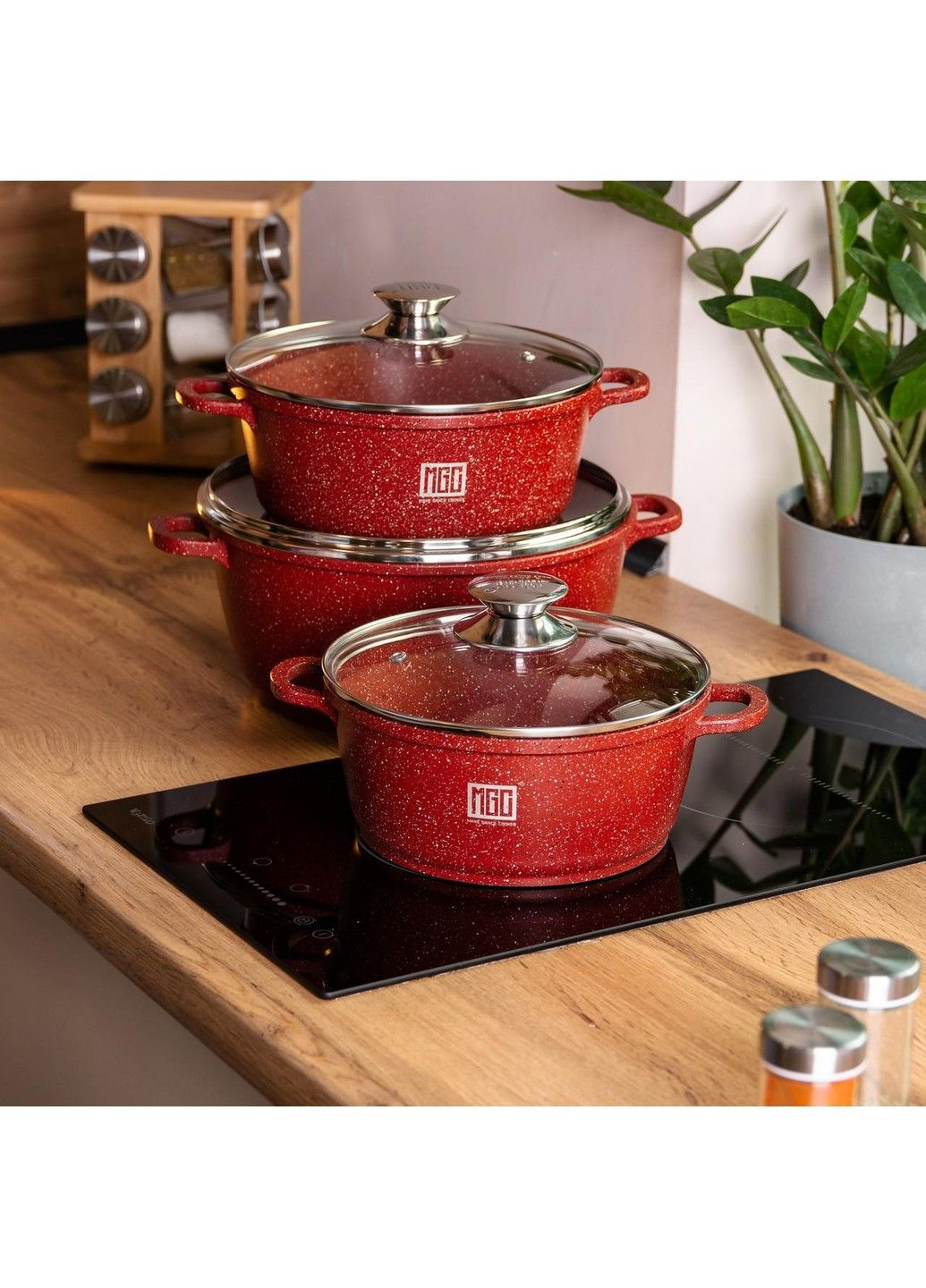 Набор из 3 алюминиевых кастрюль 2 л, 3 л, 4 л с антипригарным покрытием с крышками, красный MGC (340907785)