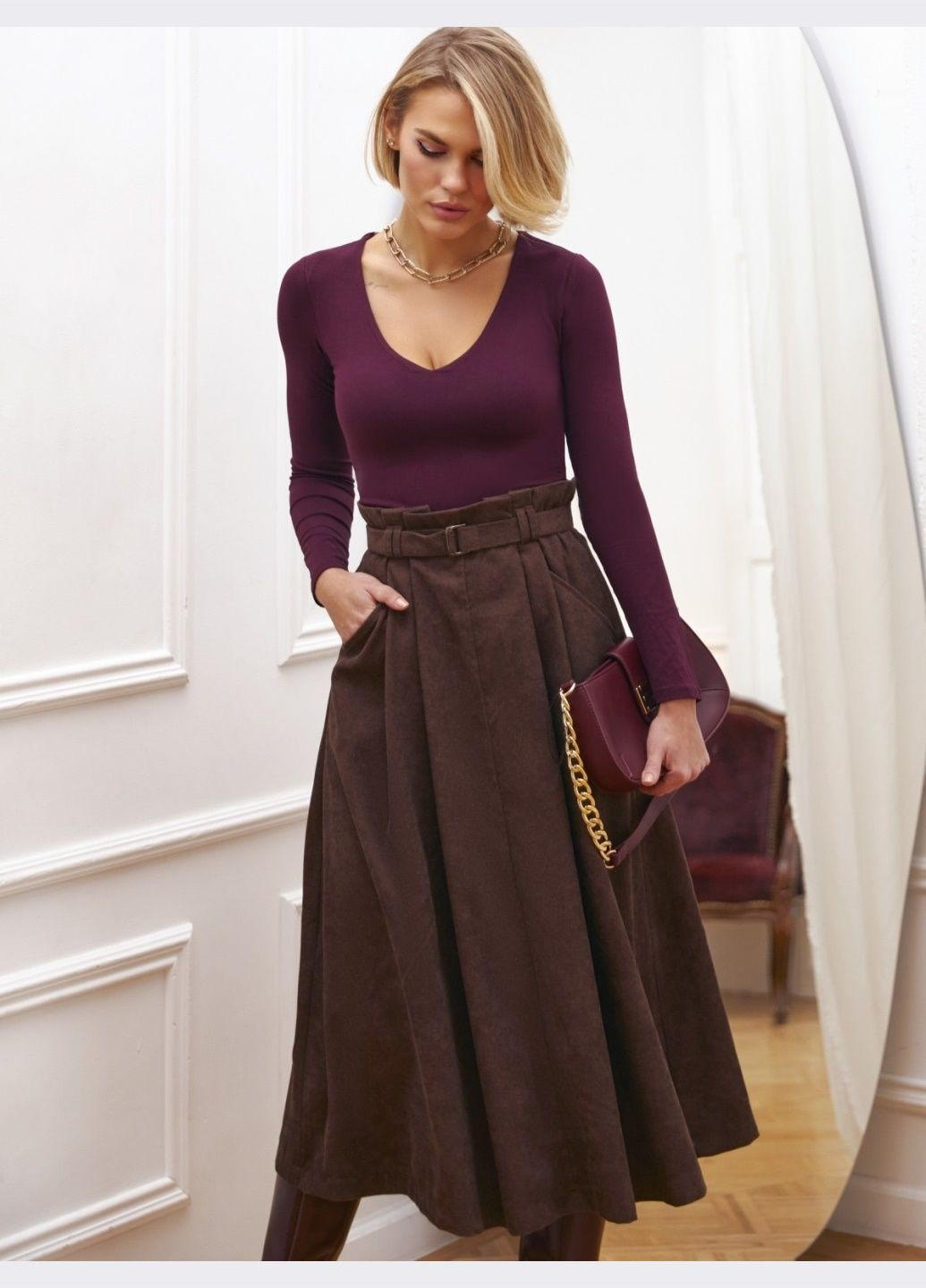 Коричневая кэжуал однотонная юбка-миди из микровельвета коричневого цвета Dressa