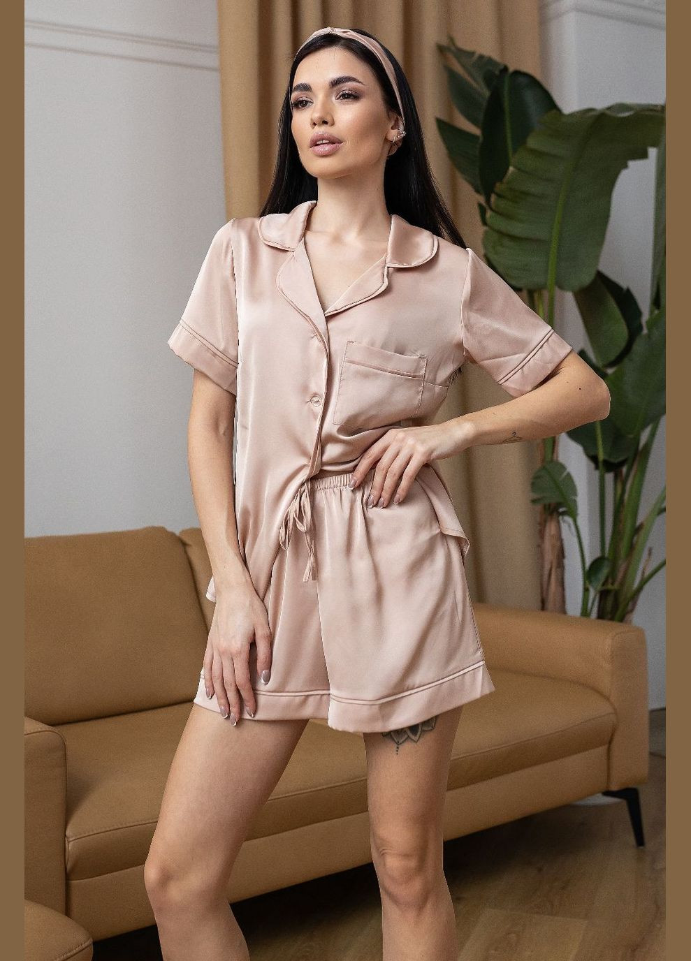 Бежевая всесезон пижама женская с рубашкой пбж1350 беж MiaNaGreen