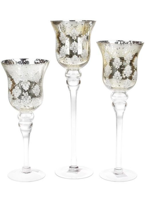 Набір 3 скляних підсвічника Claudine 30см, 35см, 40см, срібло Bona (297366620)