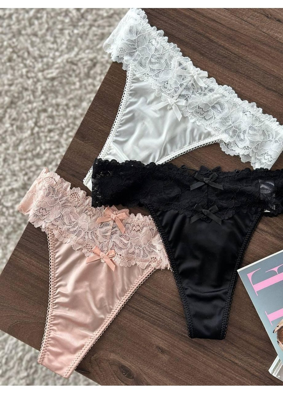 Набор атласных трусиков с кружевом черный белый пудровый / Сет женских атласных трусиков с бантиками и кружевом No Brand (367102140)