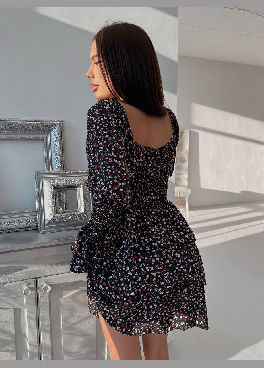 Чорна повсякденний, святковий жіноча сукня міні в квітковий принт з пишною спідницею, футляр Україна з квітковим принтом