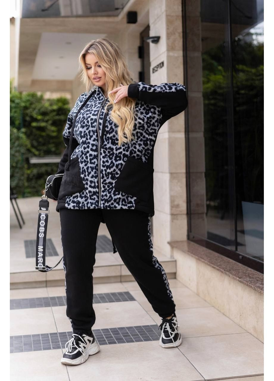 Женский черный костюм батал тринитка на флисе штаны кофта на змейке леопард серые вставки большой размер спортивный Bonita Спортивний костюм (365718363)