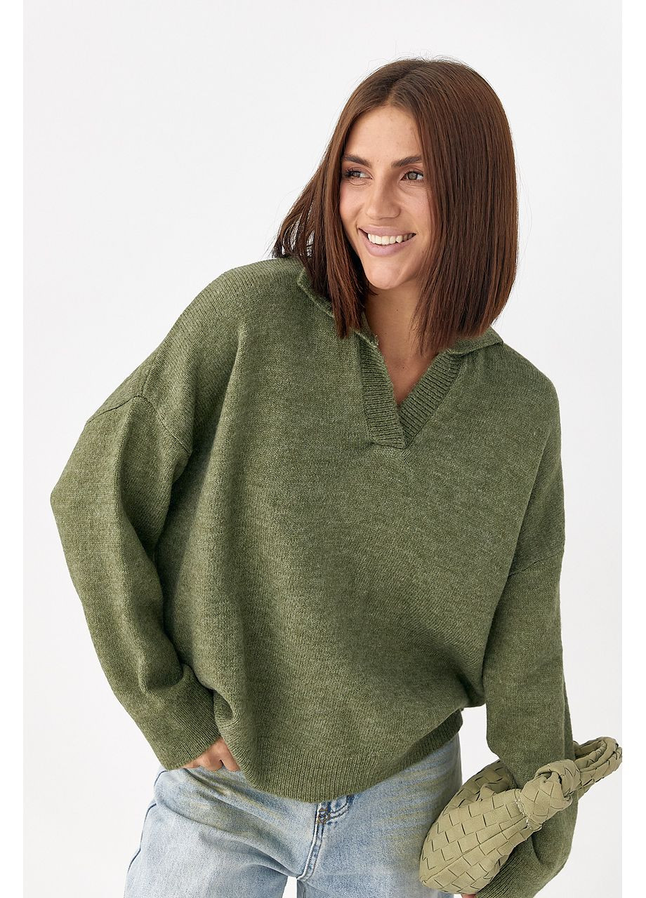 Оливковый (хаки) зимний вязаный однотонный свитер-поло - темно-серый цвет Lurex