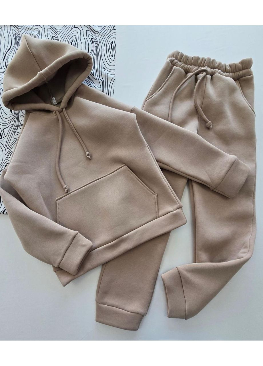 Бежевый демисезонный теплый подростковый костюм с начесом худи и штаны бежевый No Brand