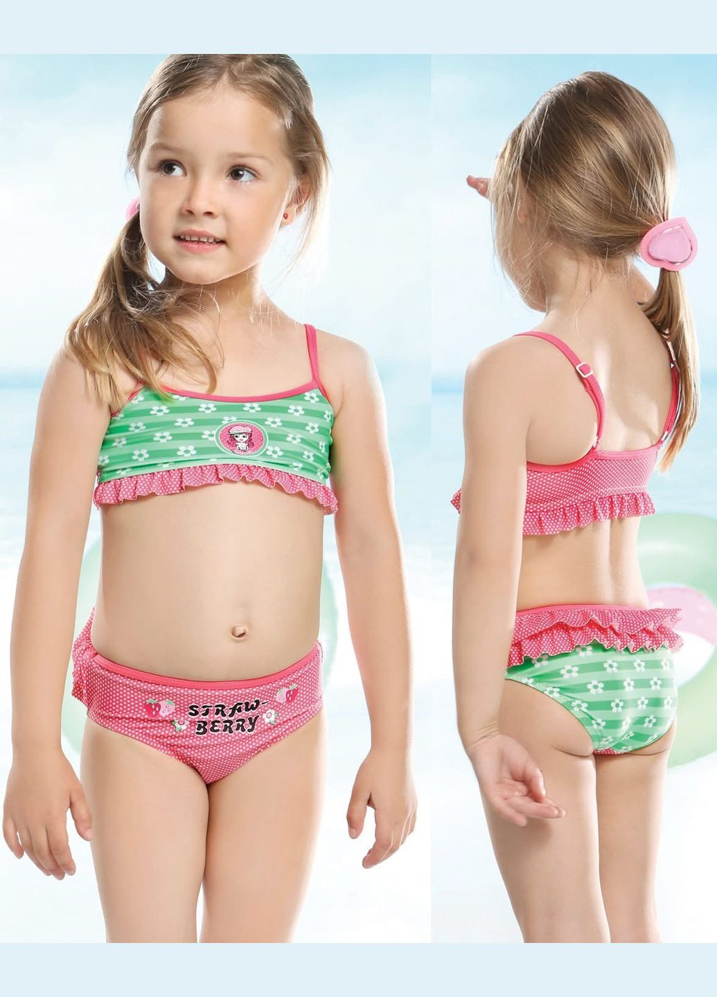 Комбінований літній роздільний купальник для дівчинки 98 см зелений/рожевий (0978) роздільний Keyzi