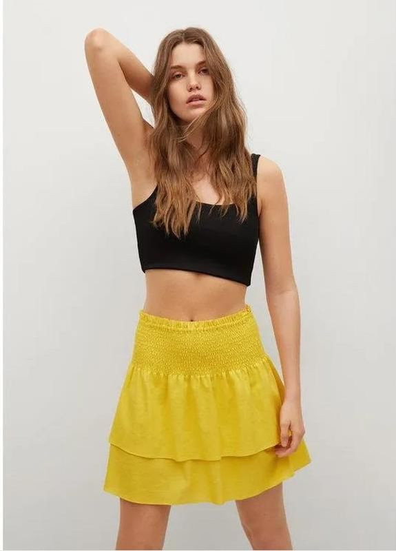 Желтая летняя льняная юбка рюша волан Mango